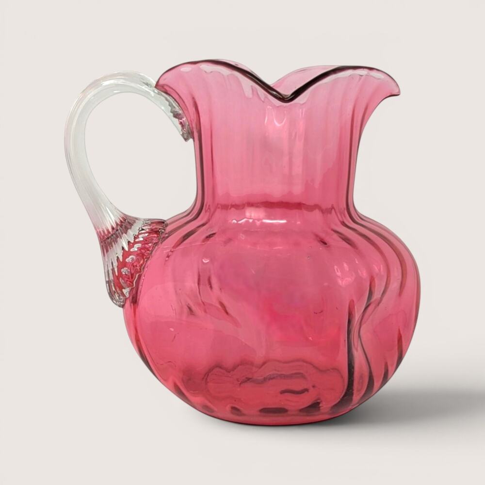 Antique Cranberry Art Glass Pitcher Ribbed Cruet Applied Clear Handle
